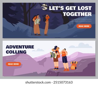 Vector illustration of a set of two banners featuring characters lost in the forest and mountains. They are looking for help by studying the map of the area. Flat style. Space for text.