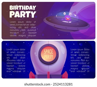 Vector illustration of a set of two banners featuring an alien saucer with a character and a rocket. Ideal for children's birthdays or space-themed parties. Flat style. Space for text.