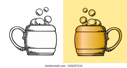 Vector illustration, Set of two beer mugs in black and white and color