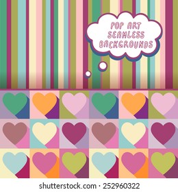 Vector illustration: set of two bright seamless backgrounds - stripes and hearts