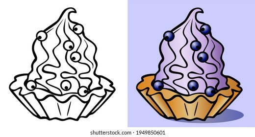 Vector illustration, set of two cakes and blueberries in black and white and color