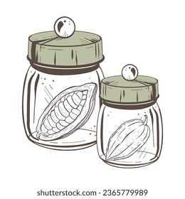 Ilustración vectorial de dos recipientes de vidrio cerrados con tapa sólida y vástagos de cacao en el interior. Grano de cacao crudo, semillas. Borde negro, dibujo gráfico. Para impresiones textiles, pegatinas, logotipo, sello, pancartas