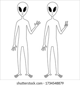 Vector illustration. Set of two cute unpainted aliens isolated on white. A friendly greeting and a sign of peace. Hand drawn simple doodle clipart. Space and ufo theme. Ideal for poster, banner, card.