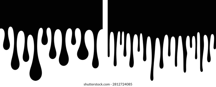 Vector illustration set of two dripping liquid border designs, thick drip and thin drip pattern in solid black