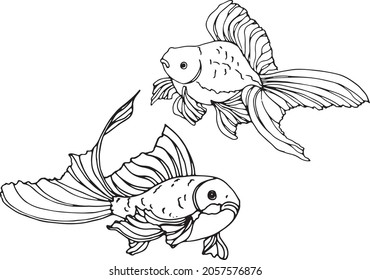 Vector illustration. A set of two goldfish.Black and white image. Decorative element, sticker, illustration for children, coloring book.