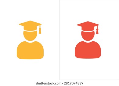 Vector illustration set of two graduate student avatar icons wearing mortarboard academic caps with tassels, isolated on a white background. Designed in a clean, flat style with minimalist head-and-shoulders user silhouettes, featuring one icon in yellow-gold and the other in red. Perfect for university commencement graphics, educational apps, student user profiles, e-learning platforms, academic achievements, and graduation concepts.