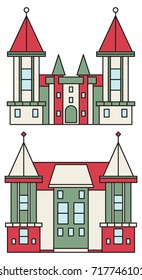 Vector illustration. Set of two houses in bright color with a dark outline