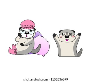 Vector illustration, set of two isolated cute otter characters, male and female.
