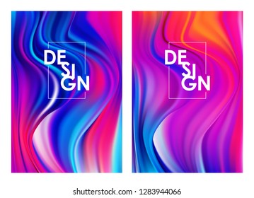 Vector illustration: Set of two modern colorful flow posters. Abstract twisted wavy liquid background. Art design