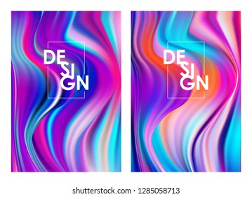 Vector illustration: Set of two modern color flow posters. Abstract twisted wave liquid background. Trendy art design