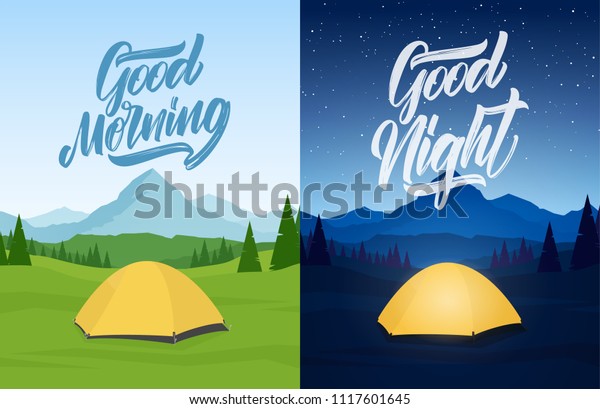 ベクターイラスト 2つの山景色とテントキャンプ 手書きのおはよう おやすみ のベクター画像素材 ロイヤリティフリー