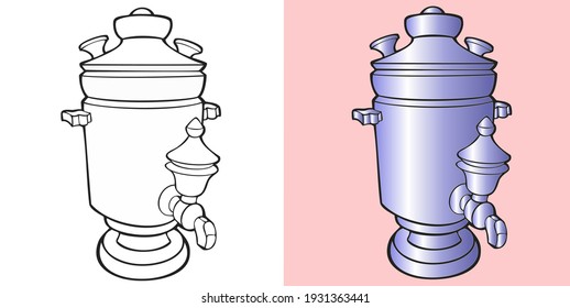 Vector illustration, Set of two samovars in black and white and color