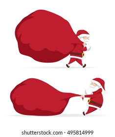 Vector illustration: Set of two Santa Clauses carries and pulls a heavy bag full of gifts. Cartoon scene. Merry Christmas.