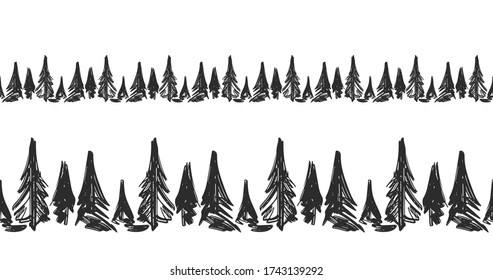 Vector illustration: Set of two Seamless hand drawn pine forest. Christmas banner template.