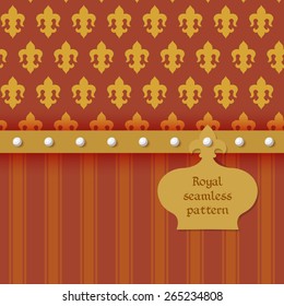 Vector illustration: set of two seamless brick backgrounds with stripes, bands, gems, pearls and abstract royal flower fleur de lys