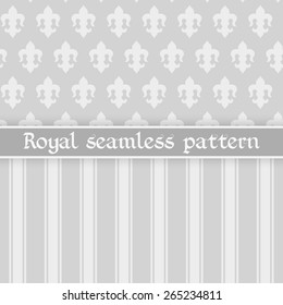 Vector illustration: set of two seamless silver backgrounds with stripes, bands and  abstract royal flower fleur de lys