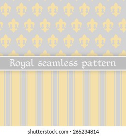 Vector illustration: set of two seamless silver backgrounds with golden stripes, bands  and abstract royal flower fleur de lys