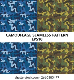 Conjunto de Ilustración vectorial de dos patrones de camuflaje sin costuras en tonos azules y verdes, que se muestra con un texto central de la etiqueta. Ideal para aplicaciones de diseño militar, naval, textil o digital.