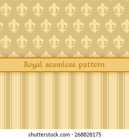 Vector illustration: set of two seamless golden backgrounds with stripes, bands and  abstract royal flower fleur de lys