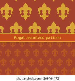 Vector illustration: set of two   seamless brick backgrounds with golden and ginger  fleur de lys and  band with inscription