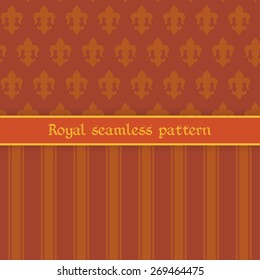 Vector illustration: set of two seamless ginger backgrounds with stripes, bands and  abstract royal flower fleur de lys