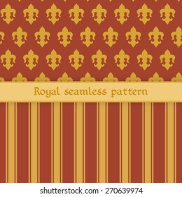 Vector illustration: set of two seamless ginger backgrounds with golden stripes, bands and  abstract royal flower fleur de lys