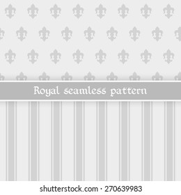 Vector illustration: set of two seamless silver backgrounds with stripes, bands and  abstract royal flower fleur de lys