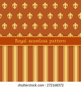 Vector illustration: set of two seamless ginger backgrounds with golden stripes, bands and  abstract royal flower fleur de lys