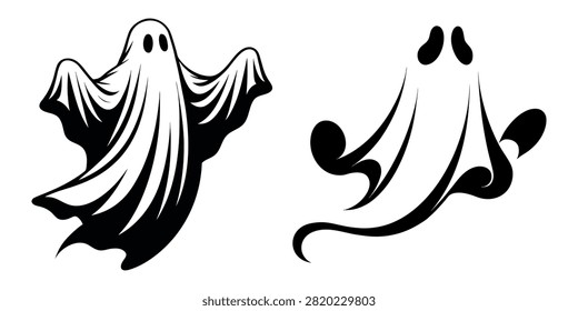 Vector illustration set of two spooky flying ghost silhouettes in dramatic black and white style, featuring flowing sheet details and eerie floating poses, isolated on a white background, perfect for Halloween party invitations, horror banners, trick-or-treat posters, stickers, t-shirt prints, and seasonal holiday graphics.