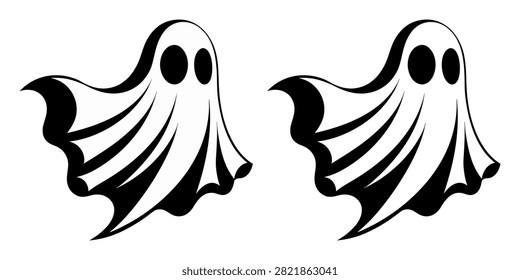 Vector illustration of a set of two spooky floating sheet ghosts featuring dark hollow oval eyes and flowing draped cloth with dramatic shadows, isolated on a white background, perfect for Halloween party posters, trick-or-treat graphics, stickers, t-shirt prints, spooky banners, and seasonal decorations.