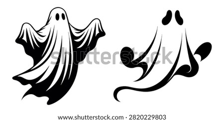 Vector illustration set of two spooky flying ghost silhouettes in dramatic black and white style, featuring flowing sheet details and eerie floating poses, isolated on a white background, perfect for Halloween party invitations, horror banners, trick-or-treat posters, stickers, t-shirt prints, and seasonal holiday graphics.