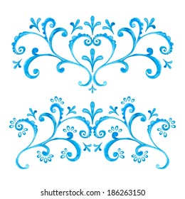 Vector illustration. Set of two symmetrical patterns watercolor blue, isolated on white background