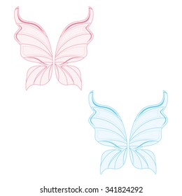 Vector illustration set of two transparent fairy wing blue and pink. Butterfly wings. Tooth fairy wings
