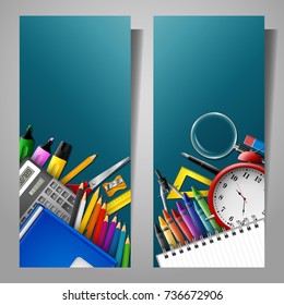 Vector illustration of Set of two vertical banners with school supplies