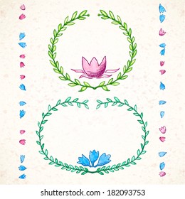 vector illustration. Set of two watercolor frames frame from leaves and flowers, on the texture background