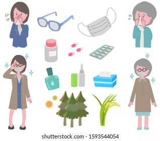 Vector illustration set of two women taking measures against hay fever