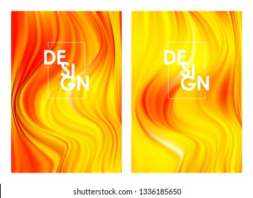 Vector illustration: Set of twoo Modern orange color flow posters. Wave yellow paint liquid background. Abstract design.