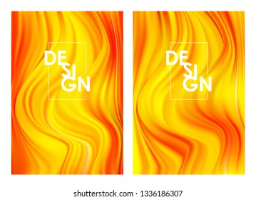 Vector illustration: Set of twoo Modern orange color flow posters. Wave yellow paint liquid shape. Abstract design.