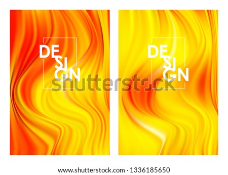 Vector illustration: Set of twoo Modern orange color flow posters. Wave yellow paint liquid background. Abstract design.