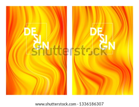 Vector illustration: Set of twoo Modern orange color flow posters. Wave yellow paint liquid shape. Abstract design.