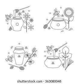 vector illustration. set types of  honey. linear icons