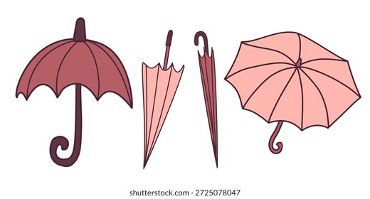 Conjunto de Ilustración vectorial de paraguas en tonos rosa suave y rosa. Diseño moderno plano con paraguas abiertos y cerrados perfecto para la decoración de primavera, proyectos de moda, temas de días lluviosos