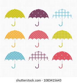 Vector Illustration. Set of umbrellas. Umbrella isolated on white background. Umbrella with decorative element cell wall, polka dot, lines