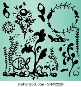 Vector Illustration Of Set With Under Water Fishes, Shell, Sea Grass And Bubbles