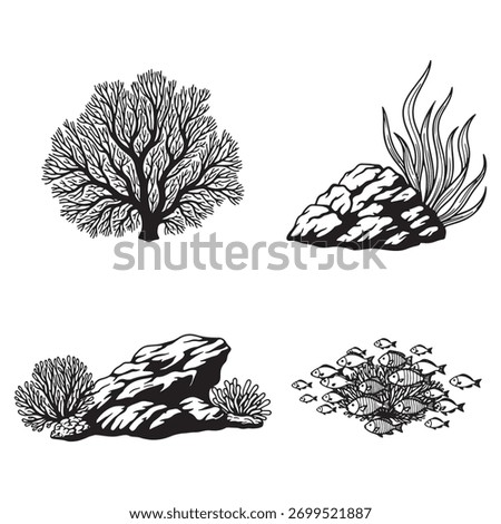 Vector illustration set of underwater plants and stones. Black and white drawing isolated on white background. Perfect for logo, print, textile and other projects.