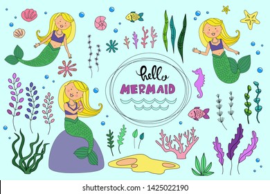 Vector illustration set underwater world mermaid