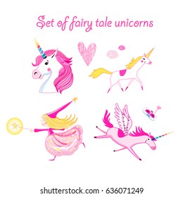Vector illustration set of unicorns and magic on a white background