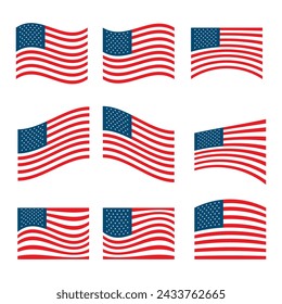 Vector illustration set of United State of America USA Flag waving distortion