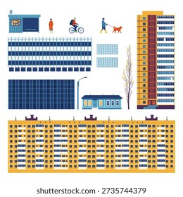 Vector illustration set of urban elements inspired by post-Soviet cities of Eastern Europe. Residential apartment blocks, mid-20th century architecture, people and everyday city life. Suitable for themes of urbanism, architecture, housing