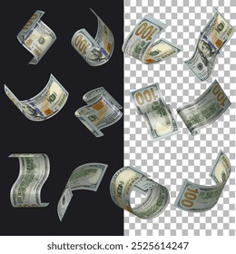 Ilustração vetorial do conjunto de notas de dólar americano voando em diferentes ângulos e orientações. Design de notas de moeda em formato Scalable eps